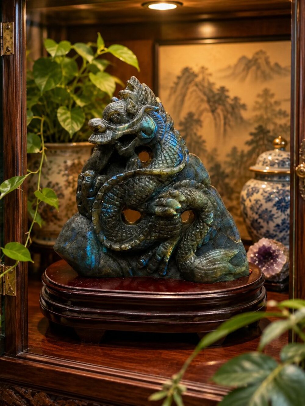 Labradorite Dragon Sculpture - Iridescent Blue-Green Stone Rock